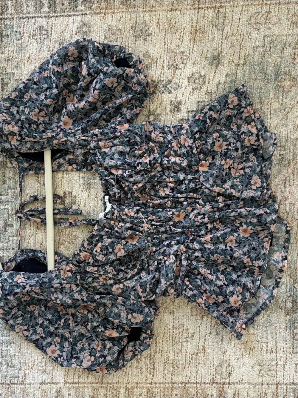 Astr Floral Puff-Sleeve Peplum Top - Black with Peach Flowers